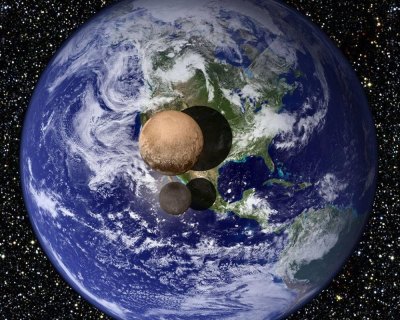  Mission scientists have found Pluto to be 1,473 miles in diameter. Previously scientists thought it was smaller. This illustration shows Pluto and its largest moon, Charon, as compared to Earth. Image: NASA.